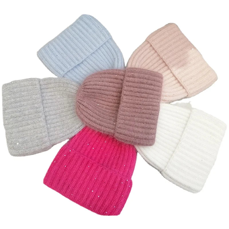 Custom Fashion Women Wool Knitted Hats Warm Thick Winter Stripe Bright Sequin Cuffed Beanie Wholesale Ski Skull Hat