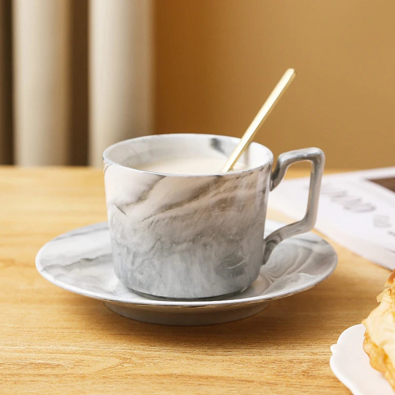 Nordic Marbled Ceramic Coffee Cup Saucer Set with Spoon and Rack Afternoon Tea Set