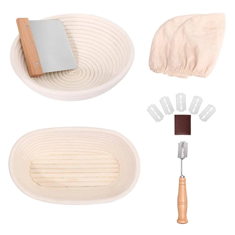 Best Seller 2024 Home Kitchen Baking 2-piece Set 10 Inch Round 9.6 Inch Oval Banneton Bread Proofing Basket with Accessories