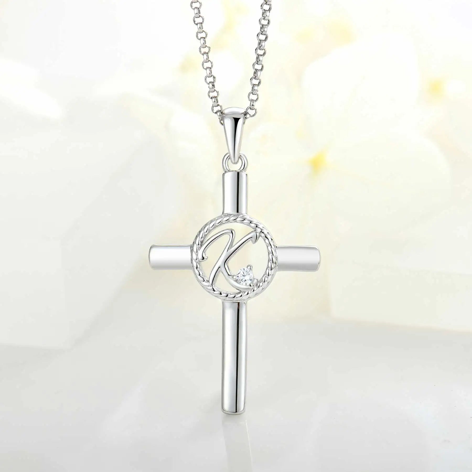 Qingxin Custom Minimalist Women Zirconia Fine Jewelry Dainty 925 Sterling Silver Religious Cross Letter k Necklaces