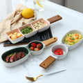 Cnlf Modern Stylish Ceramic Salad Bowl Household Ceramic Snack Bowl Dessert Dish with Wooden Handle CNLF