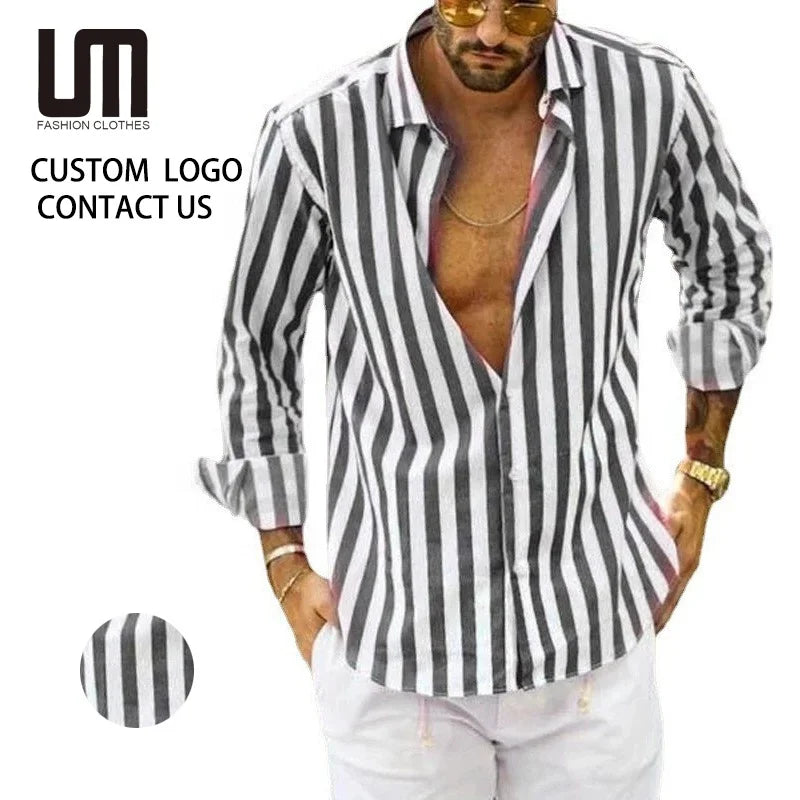 Liu Ming Hot Selling Summer Men Clothes Plus Size Long Sleeve Stripe Print Button Shirts Tops