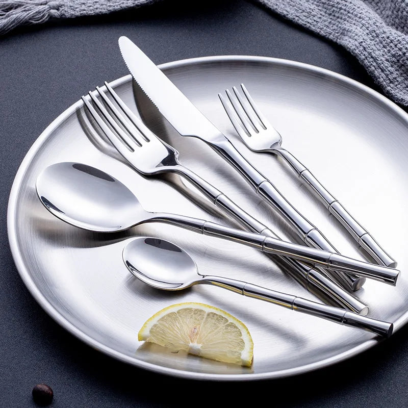 Bamboo Handle 304 Stainless Steel Flatware Set Thickened Western Cutlery Knife Fork Dessert Spoon