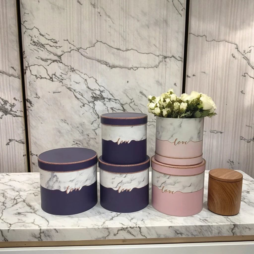 Spot (accept Custom) Round Box Printing Marble Color Pattern 3 Piece Round Flower Box Barrel Set Box Round Gift Box