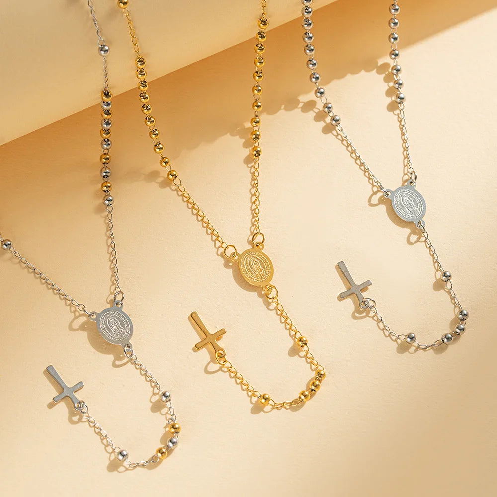 Stainless Steel PVD Gold Black Virgin Mary Cross Pendant Necklace Gold Plated Cross Charm Lariat Necklaces Jewelry for Women