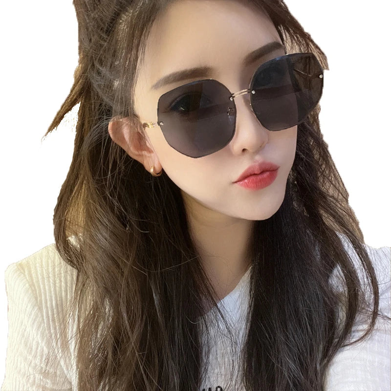 STORY STY9183A Unique Polygon Metal Designer ShadesSun Glasses Rimless Crystal Cut Edge Women Fashion Curved Temple Sunglasses
