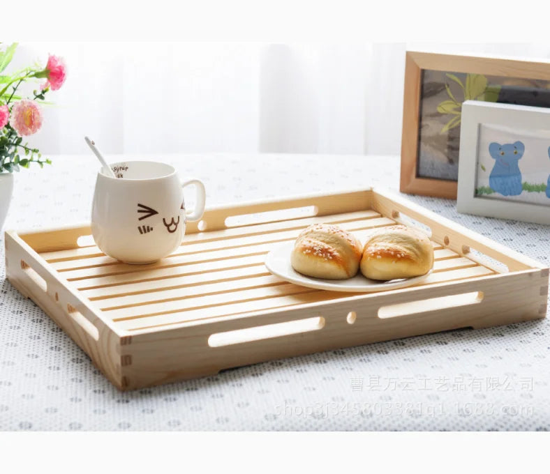 Country Rectangular Wooden Single Tier Multifunction Storage Trays with Handles for Kitchen and Living Room Food Serving