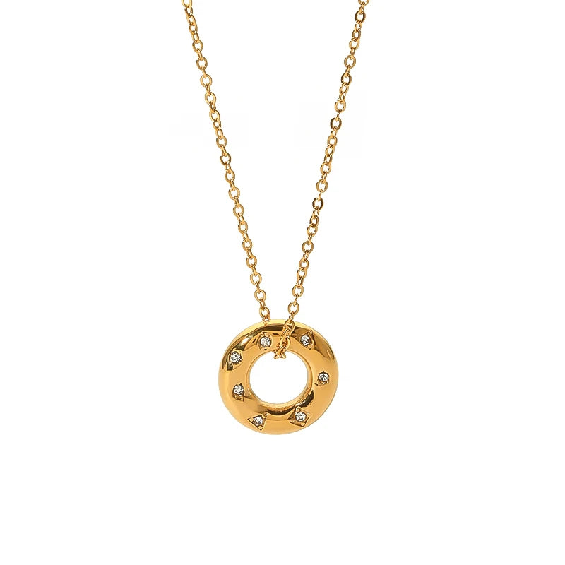 Vintage Stainless Steel 18k Real Gold Plated Liberty Donut Circle Ring Pendant Necklace Cubic Zirconia