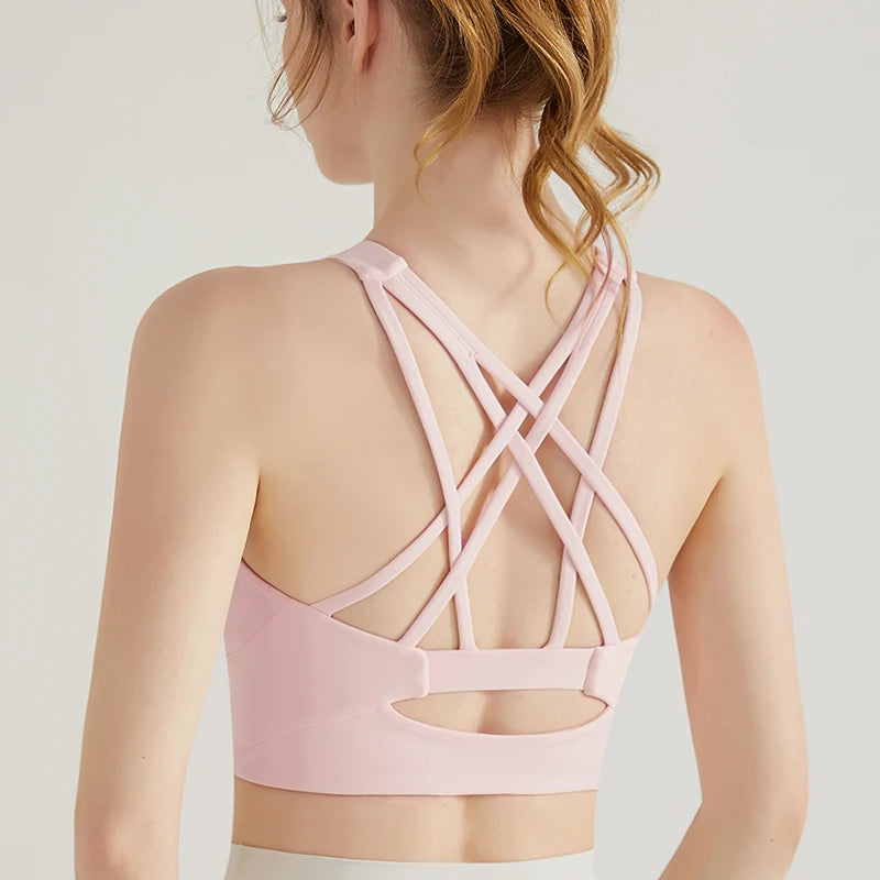 FLW Pink Yoga Bra for Women High for Fitness Vest Lightweight Breathable Simple High Support Spandex/Nylon Four-Way Stretch
