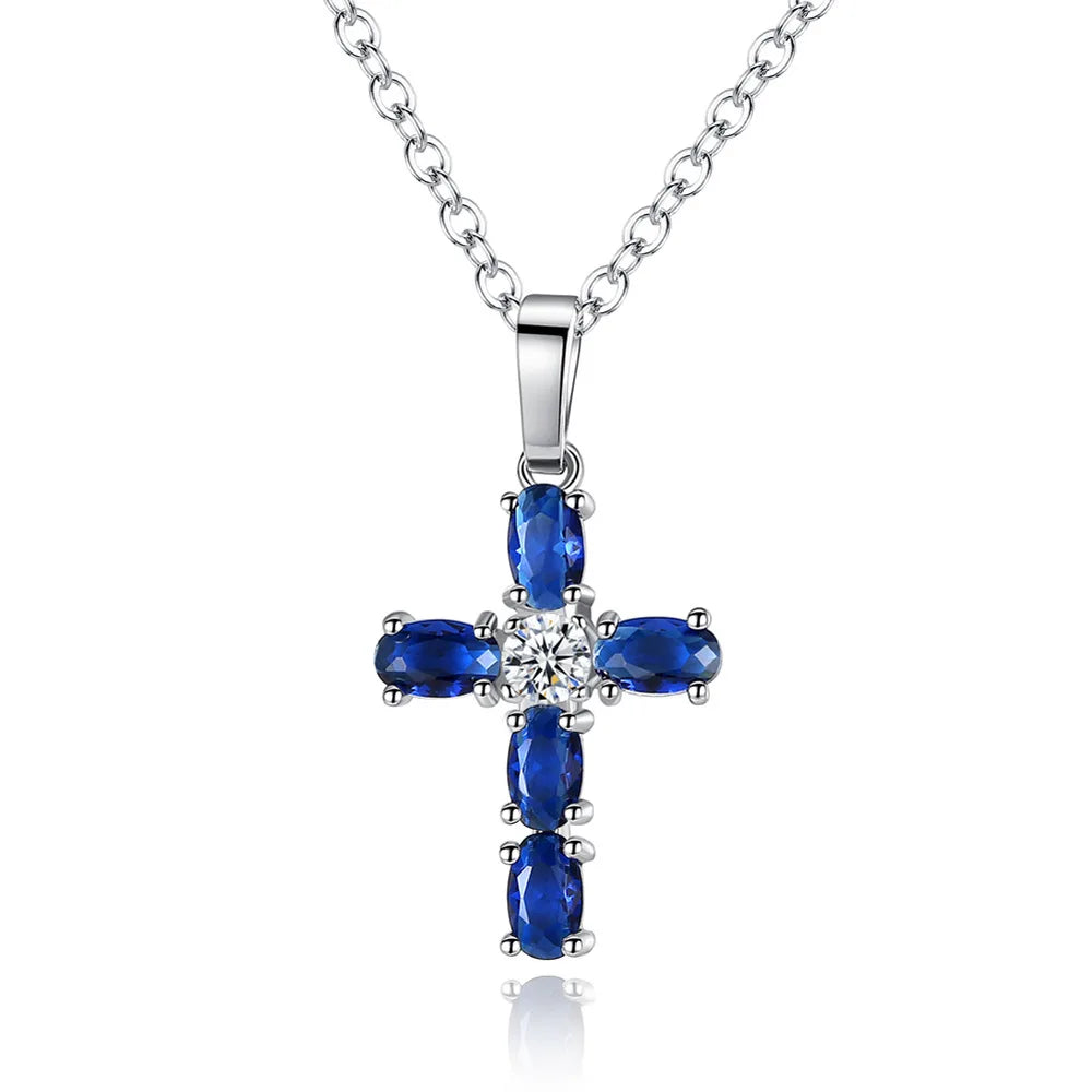 Fine Fashion Blue Zircon Cross Pendant Necklaces for Women