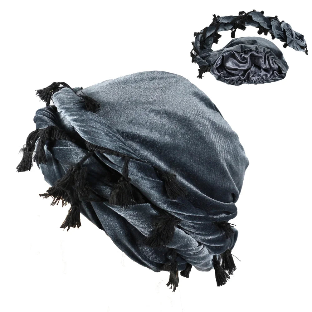 HZM-23412 Turban for Men Tassels Twist Head Wrap Velvet Durags Street Hip Hop Male Satin Lined Hat Hijab Turban