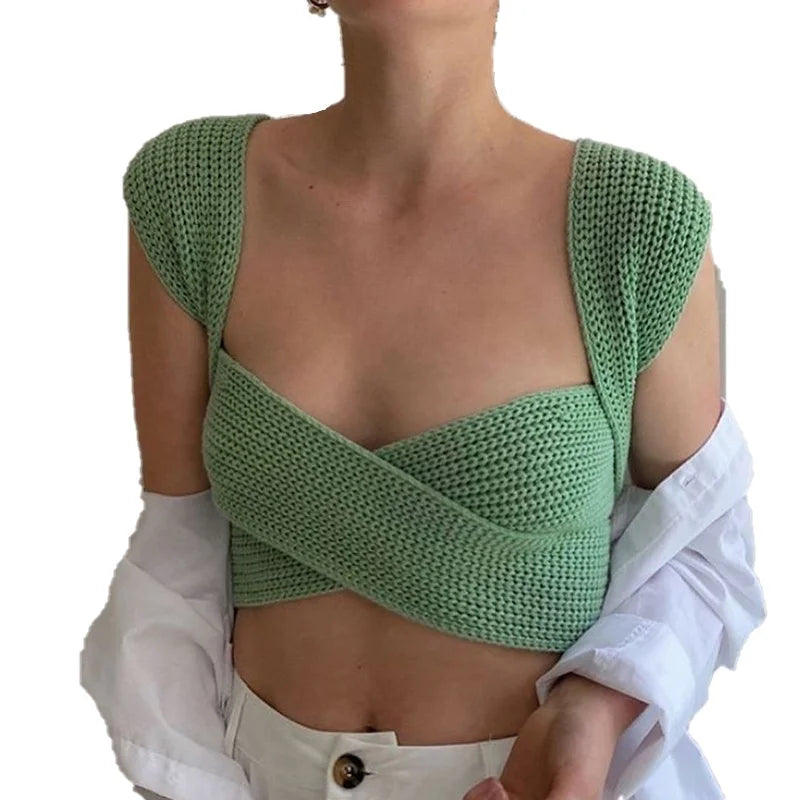 Knitted Wool Halter Backless Elegant Sexy Camisole White Top This Summer