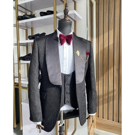 Full Black Jacquard Men Suits Set Wedding Tuxedos Groomsman Wear Formal Men Fashion Suit 3 Piece Jacket Vest Pant