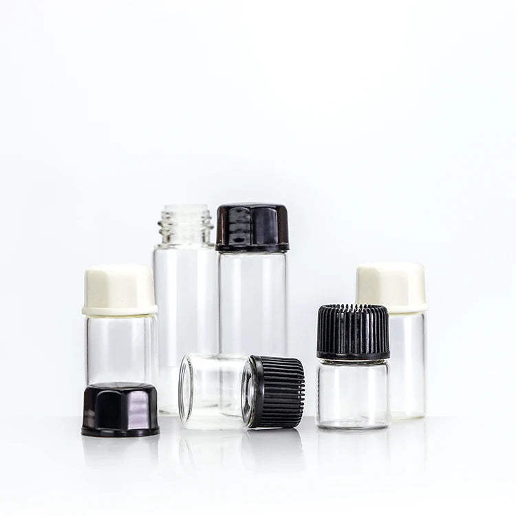 Mini Small clear Glass Perfume Vials 1ml 3ml 5ml with Black White Screw Cap for Sample Tester Bottles