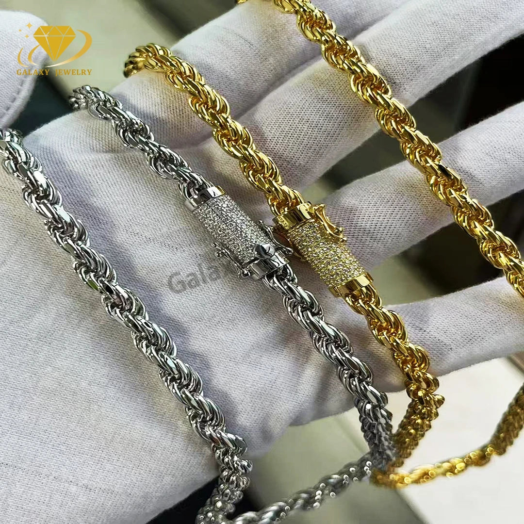 High Quality S925 Silver 6mm Rope Chain Hip Hop Necklace Link Twist Rope Chain VVS D Color Moissanite Rope Chain