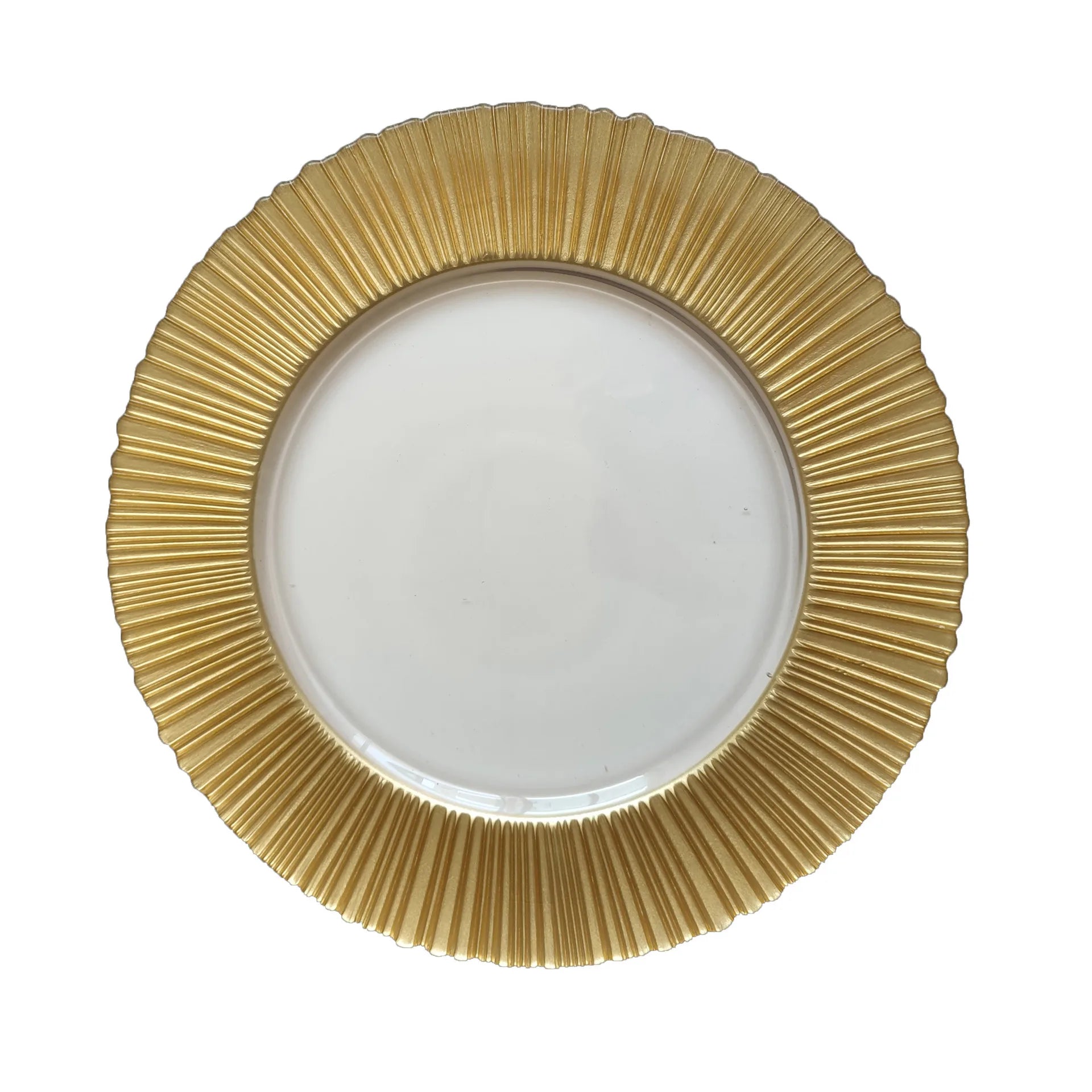 Factory Sales Luxury Simple Lead-Free Crystal Clear Eco-Friendly Handpainted Charger Glasses Wide Gold Rim Pattern Dishes 50pcs