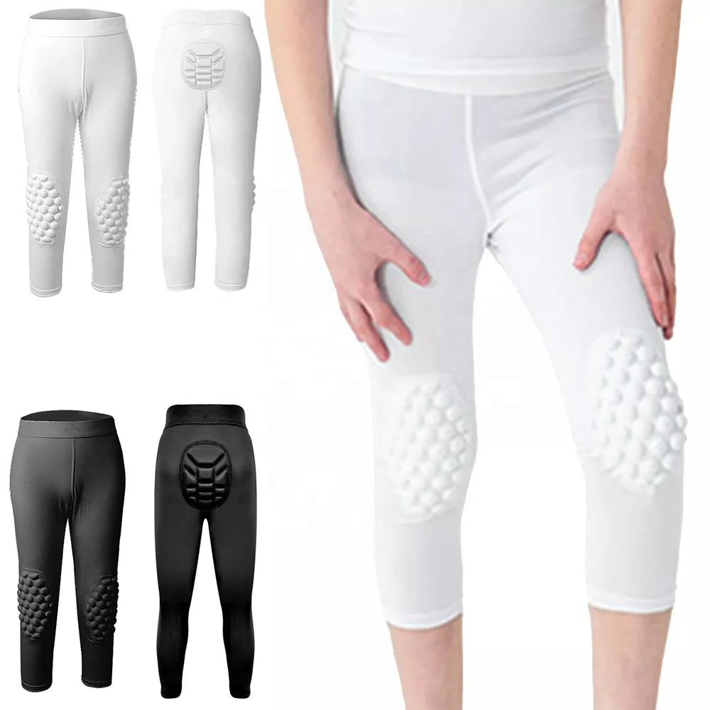Youth Basketball Compression Pants with Knee Pads and Butt Pad Kids 3/4 Capri Padded Sport Legging Tights