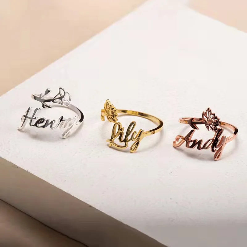 Qiuhan Rose Gold Plated Stainless Steel Custom Personalized Birthday Flower Name Ring with Box