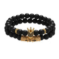 8MM Beaded Stone Gold Crown Bracelet Set For Mens