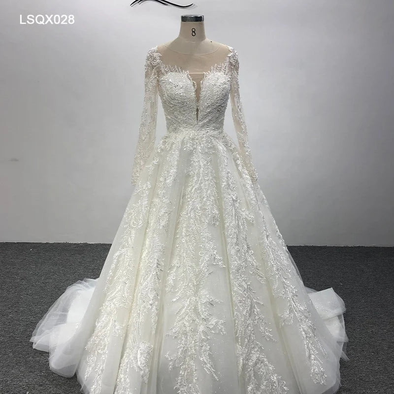 Jancember LSQX028 Elegant Cute O-neck Long Sleeve Lace up Backless Wedding Dress