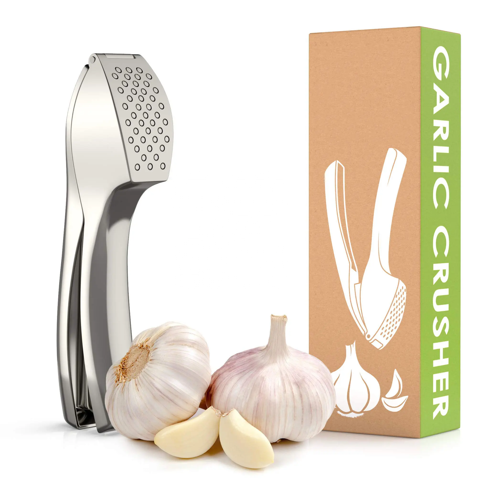 Manual Garlic Press with Silicone Peeler and Cleaning Brush Zinc Alloy Sustainable Kitchen Tool for Cooking