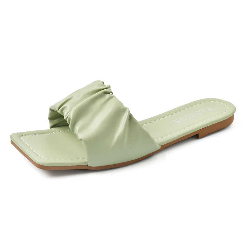 New Pleated Fashion Trend Non-slip Ladies One Strap Flat Bottom Slippers Solid Colour Simple Women Sandals Indoor Outdoor Shoes