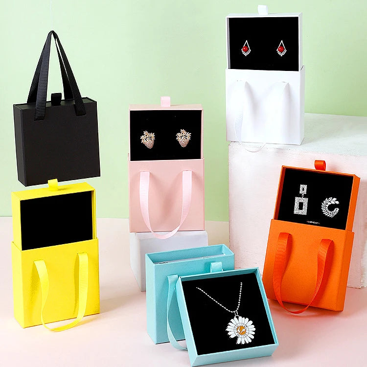 Wholesale Custom Logo Ribbon Handle Gift Bag Slide Drawer Bracelet and Necklace Packaging Stylish Jewelry Boxes