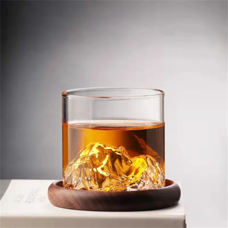 Mountain View 150ml 300ml Borosilicate Clear Drinking Glasses Easy Open End Whisky Glasses with Wooden Base Packaged in Carton