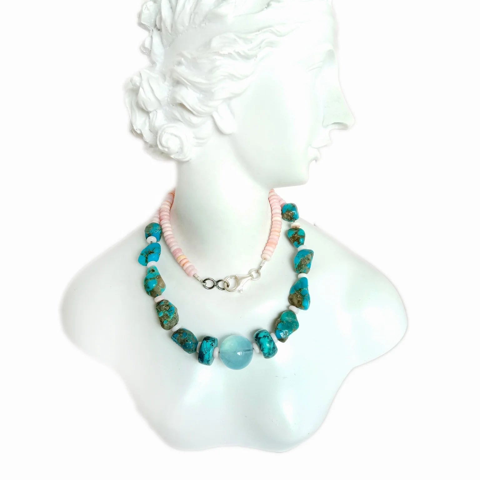 Natural Turquoise pink Princess shell Milky Bule Aquamarine 925 Sterling Silver handmade gemstone Stones Necklace