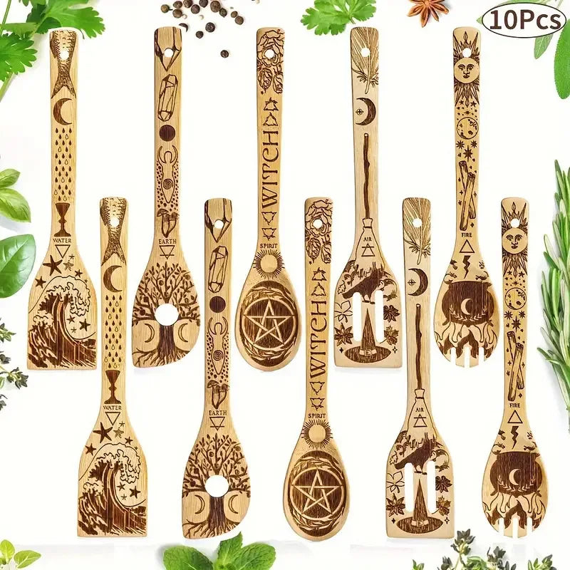 Bamboo Kitchen Spatula Creative Carving Pattern Mixing Stir Fry Spatula Cooking Spoon Spatula Five Piece Set