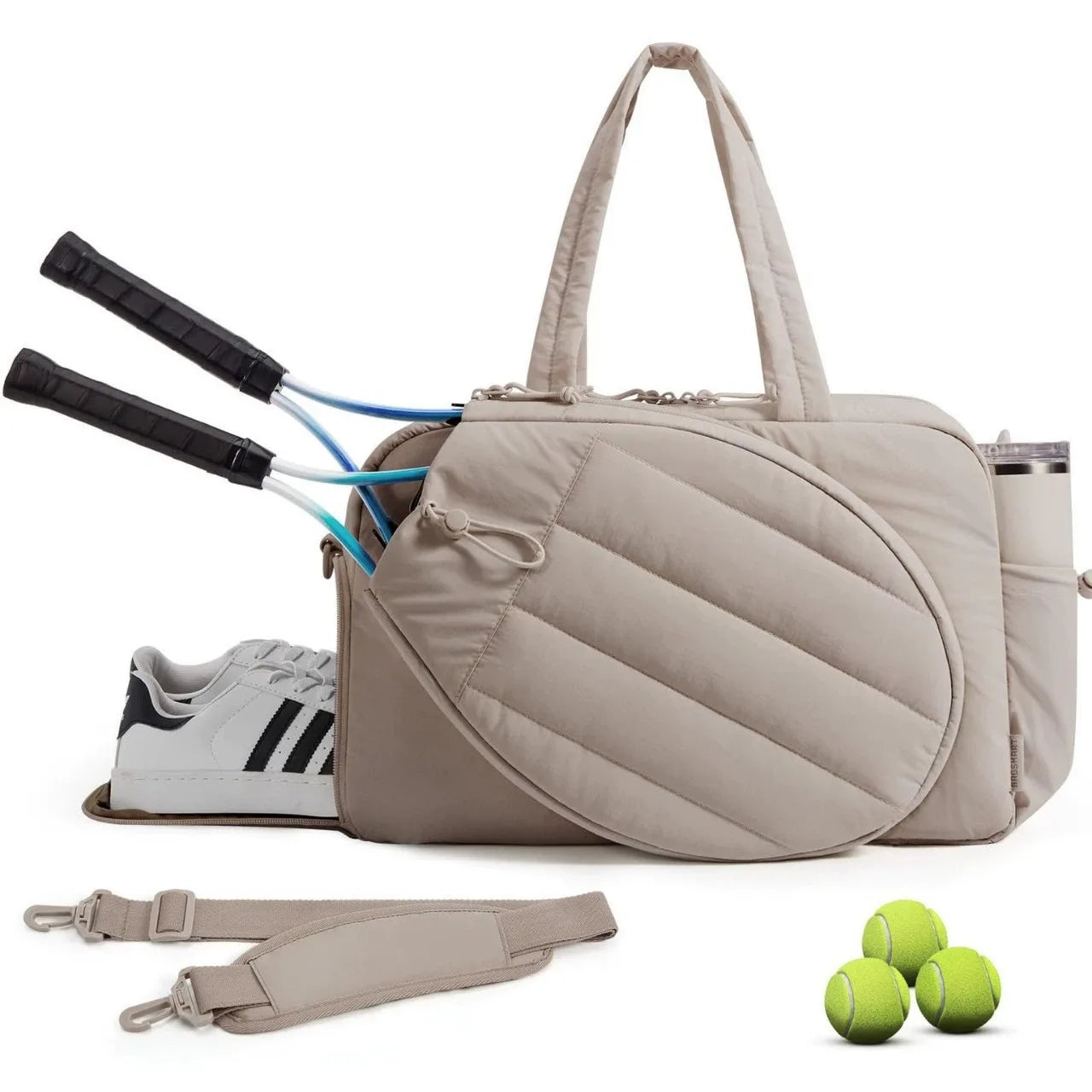 Quilted Fluffy Polyester Tennis & Tote Sports Bag Women's Racket Cover Foldable Portable Shoe Compartment Shoulder Bag