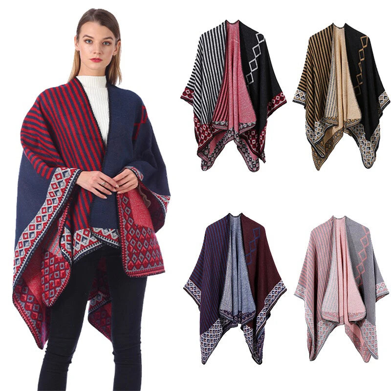 Autumn Winter Women's Oversized Bohemian Checkered Character Pattern Medium Length Scarf Poncho Shawl Warm Breathable MegaBDM