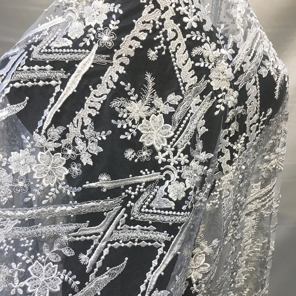 3D Crystal Beaded Lace Fabric Sequin Elegant Net Lace Fabric Embroidery White Lace Fabrics for Wedding Gowns