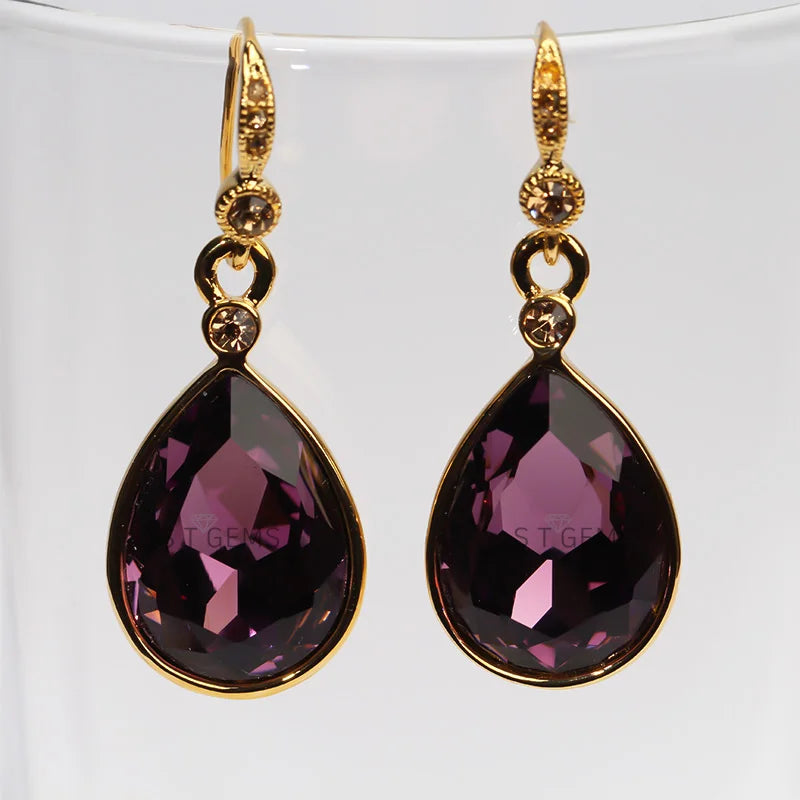 Super Discount Plating Real Gold Purple Gems Pear Shape Pendant Earrings Fashion Jewelry 2021