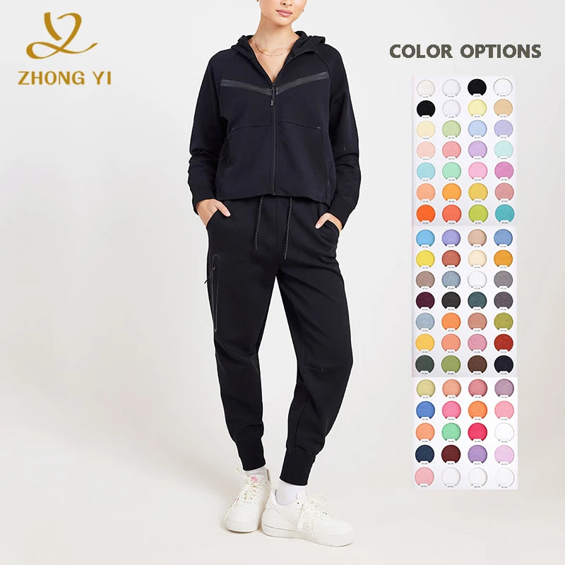 Manufacturers Custom 100% Cotton Puff Printing Logo Full Zip up Women Hoodie Casual Sweatpants and Long Sleeve Sports Shirt Set