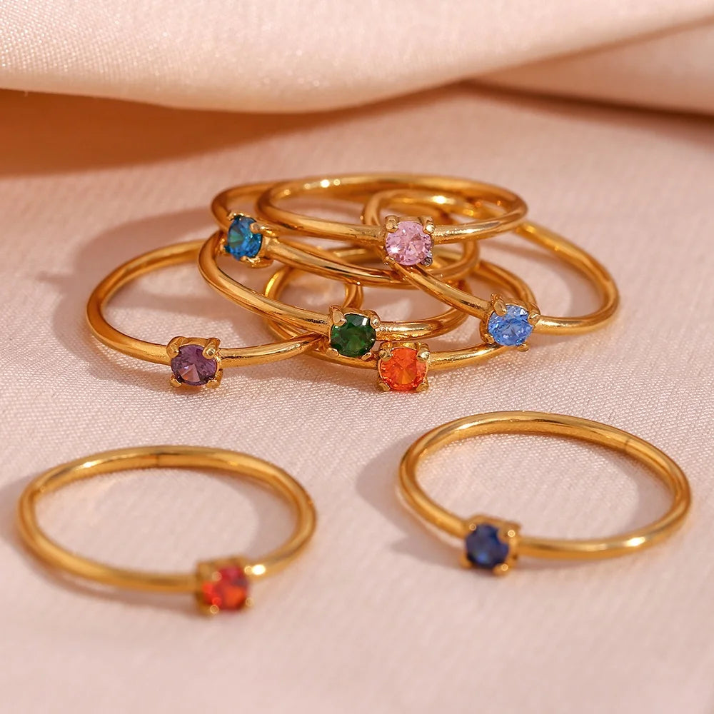 2024 Christmas Gifts Colorful Zircon Birth Stone Rings Set 18K Gold Plated Stainless Steel for Engagement Party Women's Jewelry