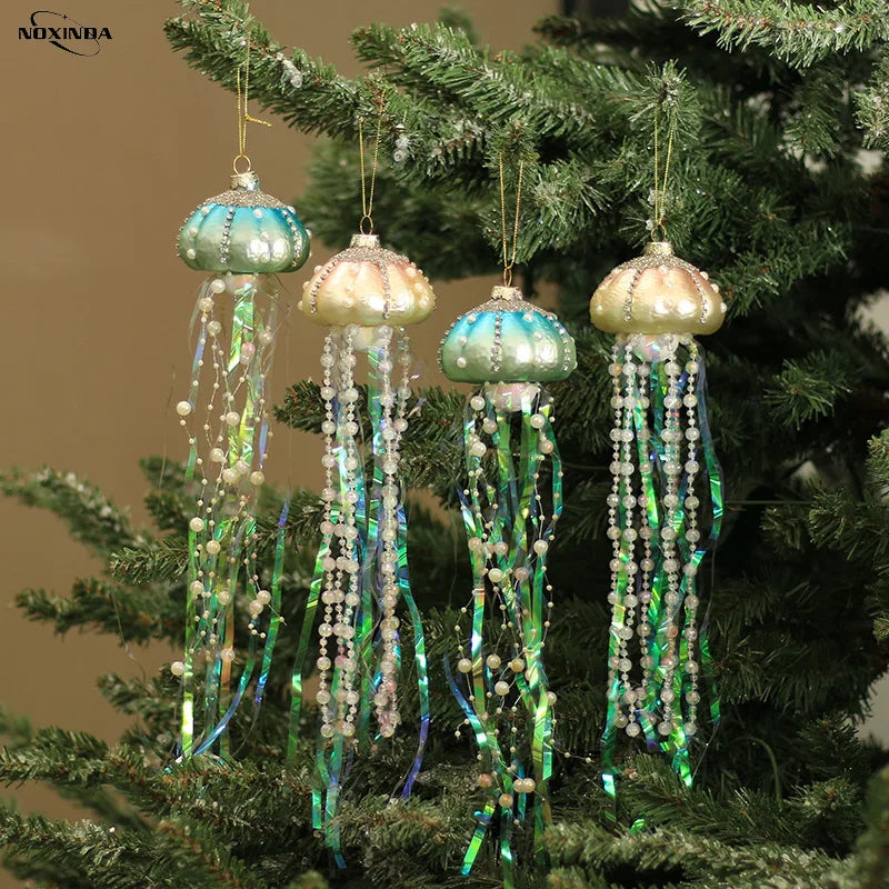 Hot Selling Supplies Sea Jellyfish Figurine Hanging Ornaments Glass Christmas Christmas Tree Ornament Glitter Glass Jellyfish
