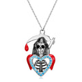 Scythe Skull Blue CZ Hollow Heart Shape Pendant Necklace Jewellery Authentic 925 Sterling Silver for Women Fashion Jewelry Gift