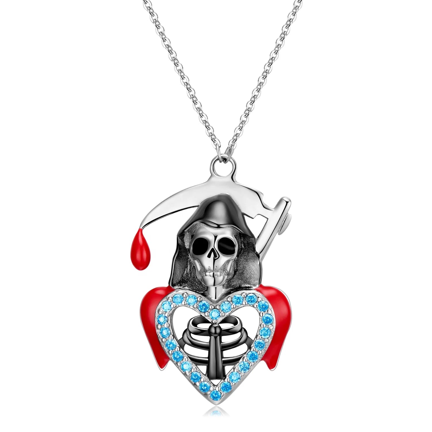 Scythe Skull Blue CZ Hollow Heart Shape Pendant Necklace Jewellery Authentic 925 Sterling Silver for Women Fashion Jewelry Gift