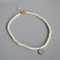 Brass Gold Plated Blue Enamel Palm Pendant Necklace Freshwater Pearl Necklace with Palm Tree Charm