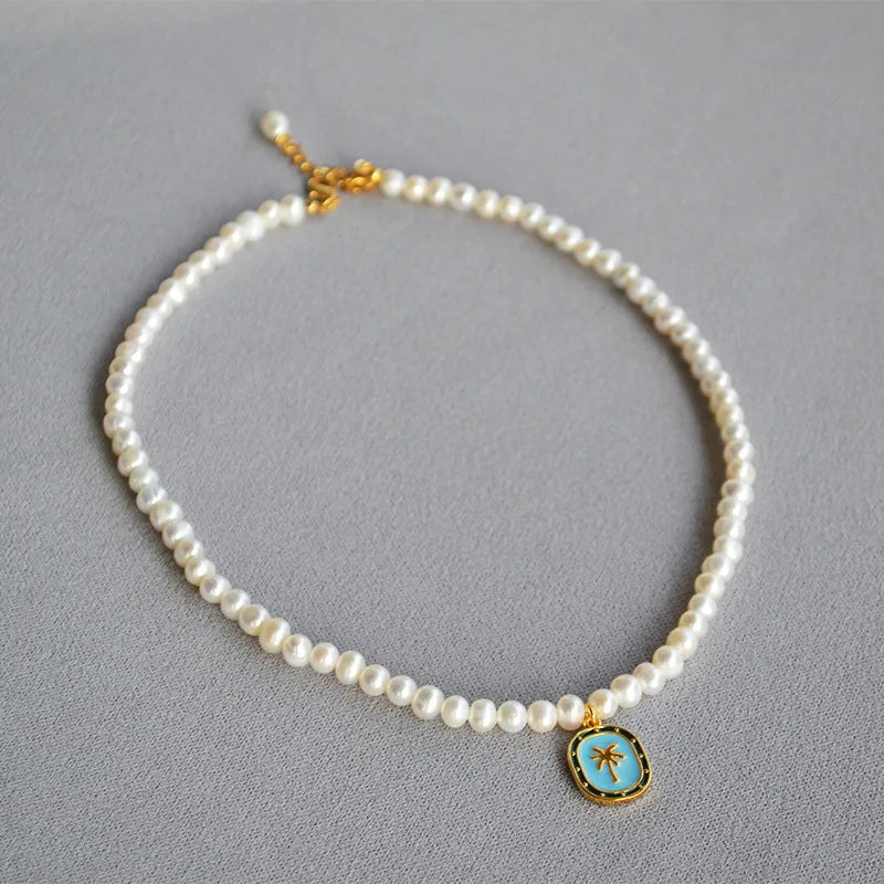 Brass Gold Plated Blue Enamel Palm Pendant Necklace Freshwater Pearl Necklace with Palm Tree Charm
