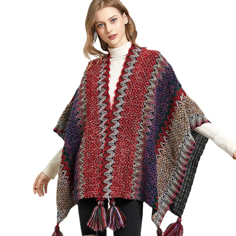 Women Autumn Winter National Style Scarf Colorful Tassel Retro Knitted Bohemian Travel Thick Shawl