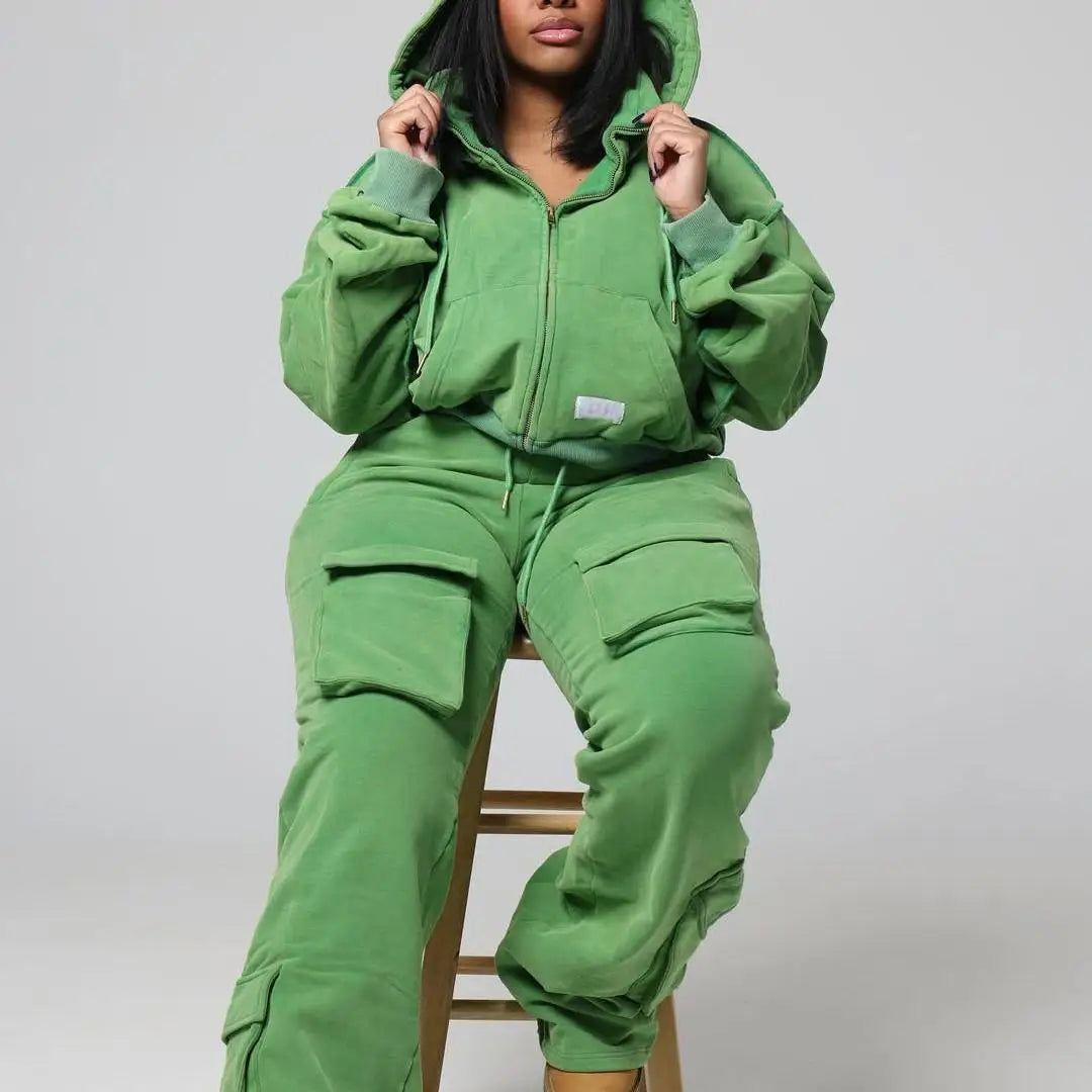 Custom Green Cargo Tracksuit with Multi-Pocket Hooded Casual Style Cotton Embroidered Letter Pattern Autumn New Arrival Outfit