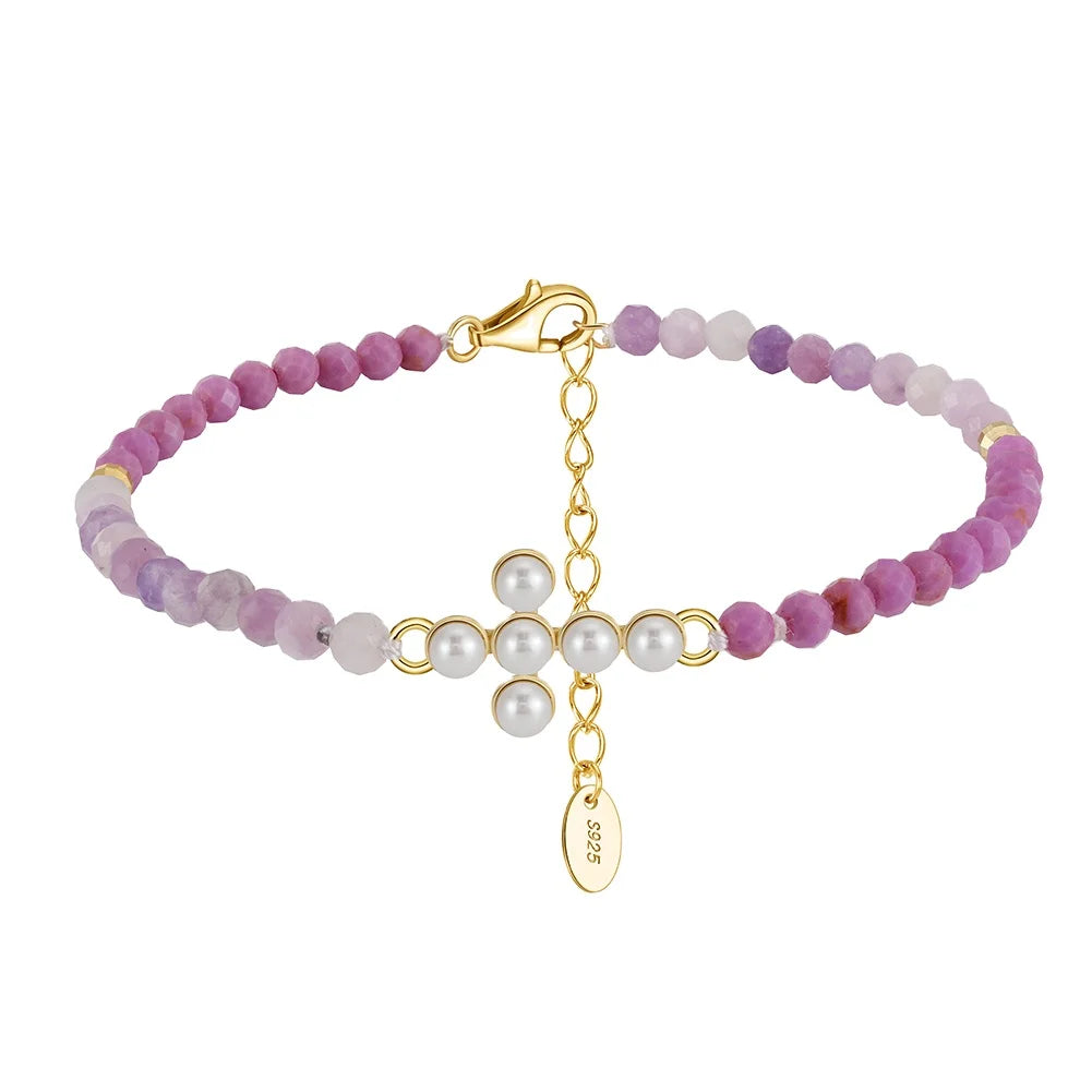 RINNTIN MPB10 New Freshwater Pearl Purple Mica Cross Shape Beaded Bracelet 925 Sterling Silver Handmade Bracelet for Women