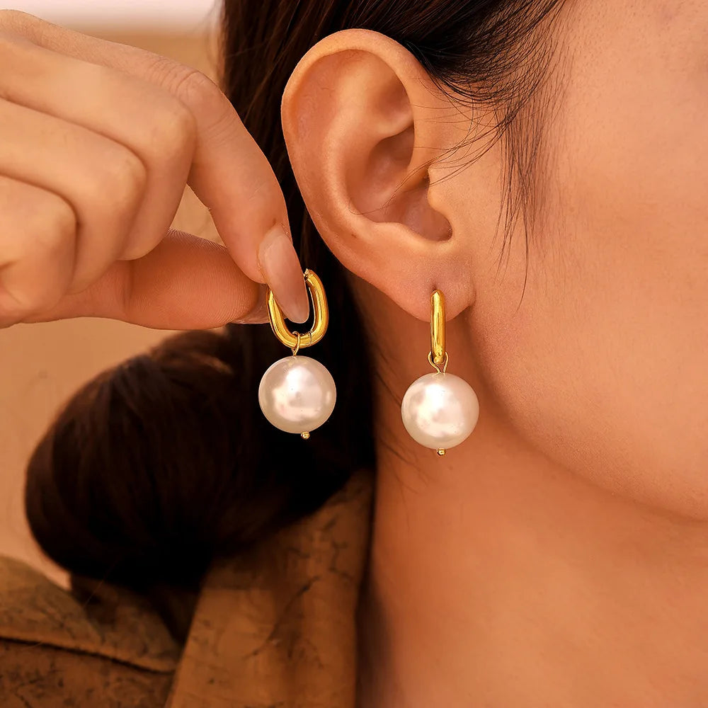 YF6061 Fashionable Stainless Steel 18k Gold Plated U Shaped Waterproof Jewelry Imitation Pearl Pendant Earrings