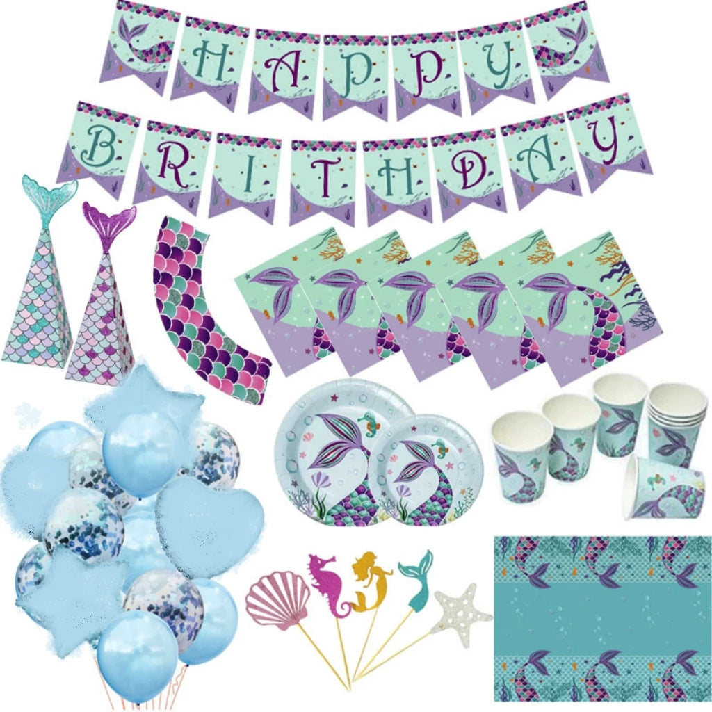 10 PCS Mermaid Theme Birthday Party Supplies Party Paper PlateBanner Birthday Party Decorations Set