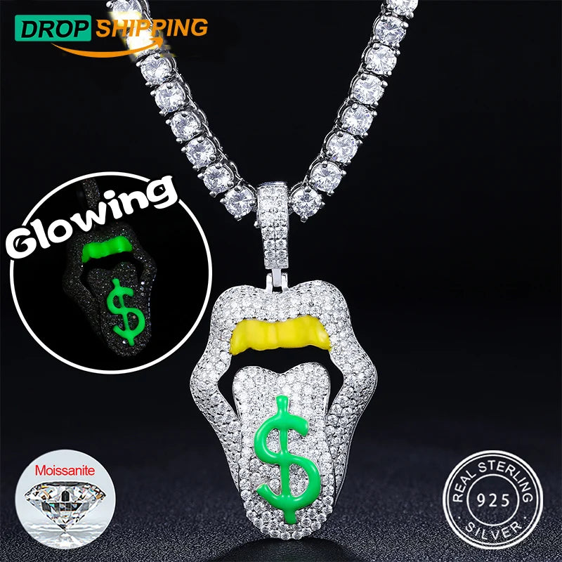 Dropshipping Hiphop Jewelry Glow in the Dark 925 Sterling Silver VVS Moissanite Diamond Iced Out Dollar Lip Pendant Necklace