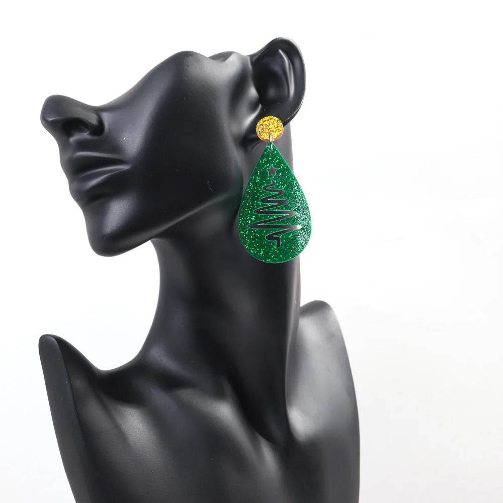 New Glitzy Glitter Christmas Socks Cartoon Elk Cutout Water Drop Christmas Tree Party Jewelry Fashion Acrylic Drop Earrings