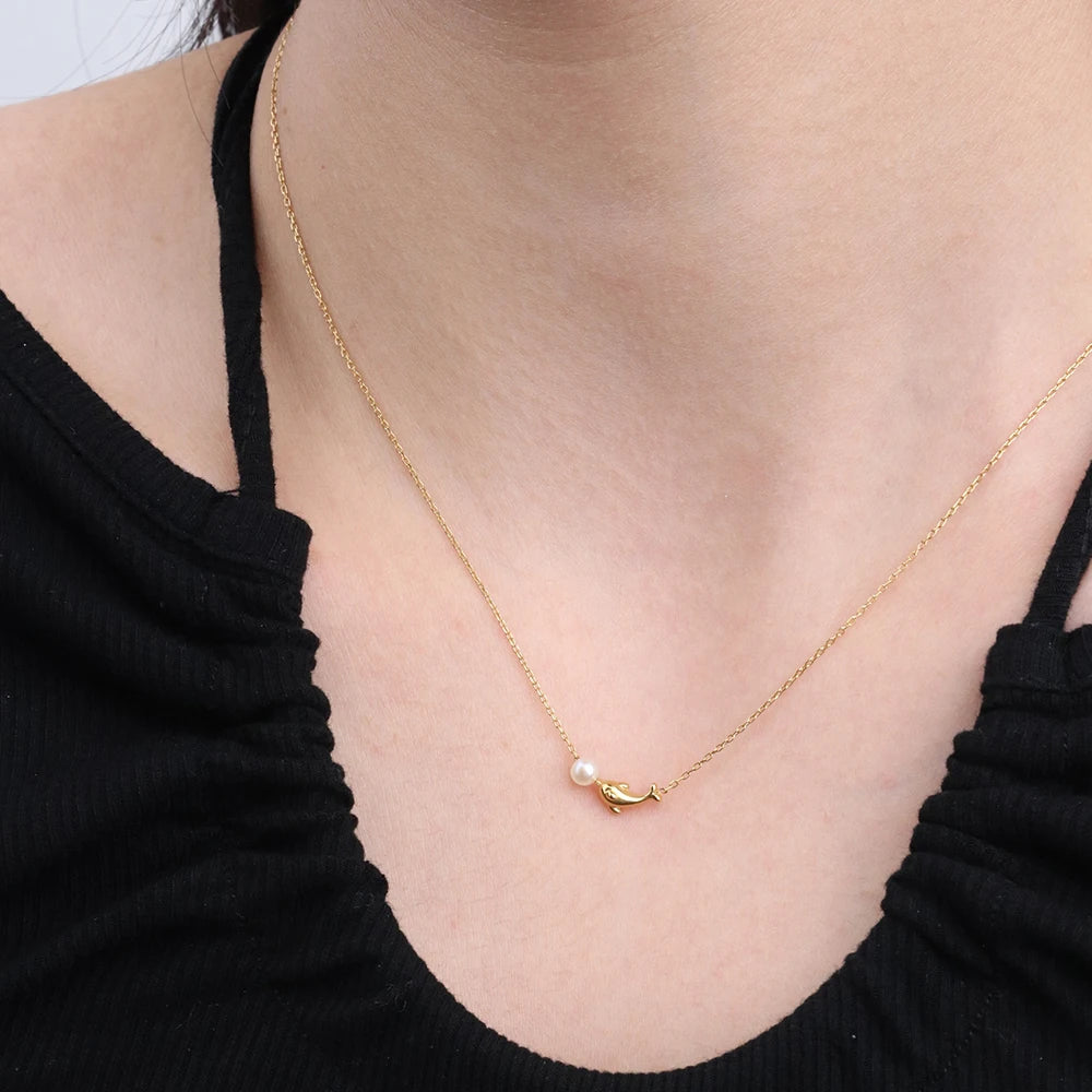 Chris April 316L Stainless Steel 18k Gold Plated Cute Dolphin Freshwater Pearl Charm Necklace