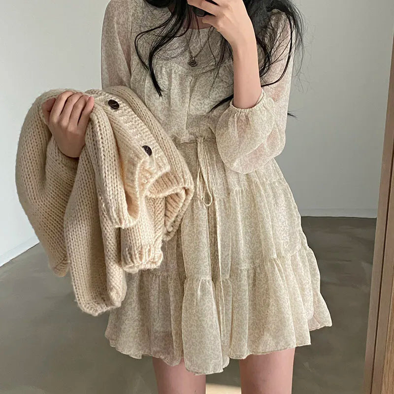 Wholesale Korean Style New 2026 Spring Round Neck Puff Sleeve Fashion Print Casual Long Sleeve Round Collar Sweet Women's Dress